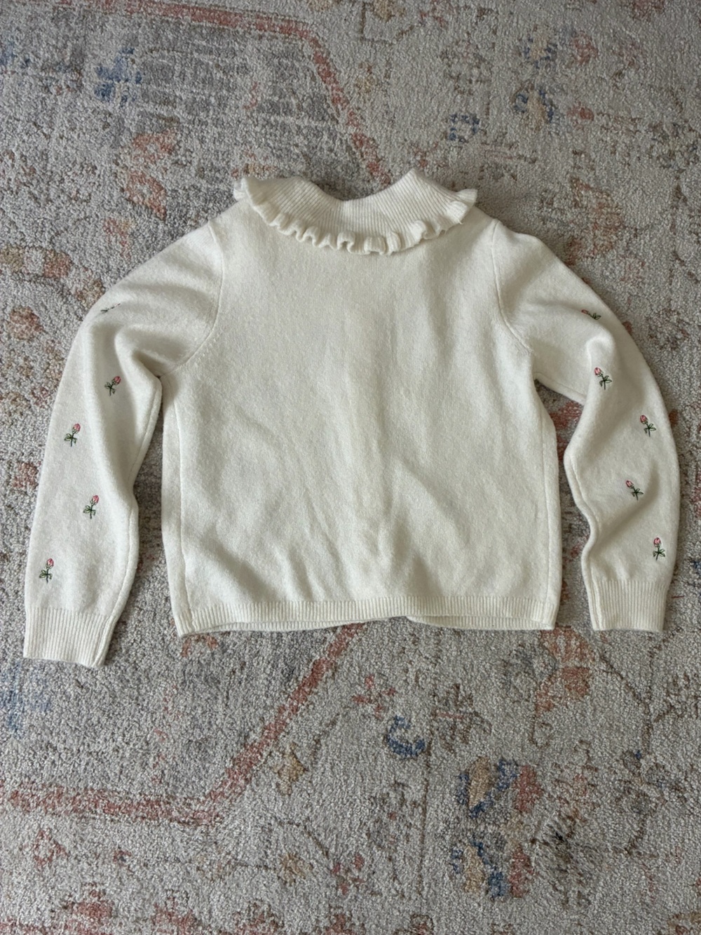 Marled Ruffle Collar Cardigan Sweater Floral Embroidered Coquette-EUC-Sz S - Picture 7 of 7